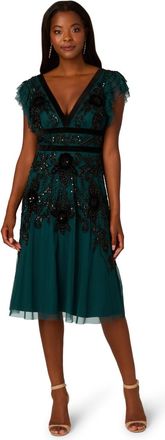 Adrianna Papell Womens Beaded Mesh Velvet Dress in Dark Green - Size 14 UK