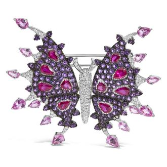 House of Brilliance 18K White Gold 1.00 Cttw Diamond, Ruby Sapphire, and Amethyst Mixed Gemstone Butterfly Brooch Pin