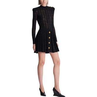 Balmain Short pleated skirt in plaid knit in Black at Nordstrom, Size 34 Eu