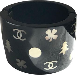 Chanel Black Perspex Mother Of Pearl Inlaid Cuff Size XL