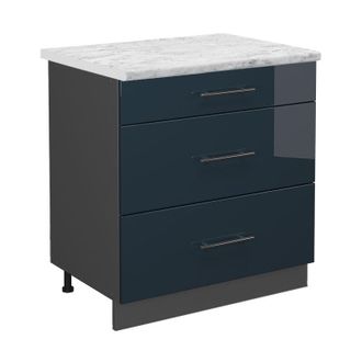 Vicco Mueble Bajo De Cocina Fame-line, Azul Oscuro Alto Brillo, 80 Cm Con 3 Cajones, Et M&aacute;rmol