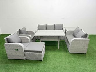 Fimous PE Rattan Garden Furniture Set Reclining Chair Sofa Double Love Seat 2 Seater Sofa Lounge Set Rectangular Dining Table Big Footstool Side