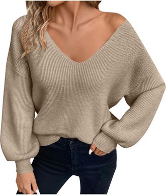 Generic Women Jumpers Long Sleeve Tops V Neck Bow Oversized Sweater Top Long Sleeve Knitted Shirts Fall Going Out Tops Off Shoulder Drop Shoulder Sweater Blou