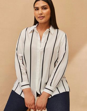 Live Unlimited London Womens Cream And Black Stripe Long Sleeve Shirt - Size: 14