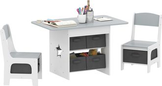 OEM Mesa Infantil Con 2 Sillas Con 6 Cajones De Tela Dise&ntilde;o Estrellas Para Ni&ntilde;os Y Ni&ntilde;as De 3-8 A&ntilde;os Gris Claro