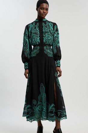 Karen Millen Womens Cutwork Beaded Embroidered Woven Maxi Dress - Blue - Size 12 UK