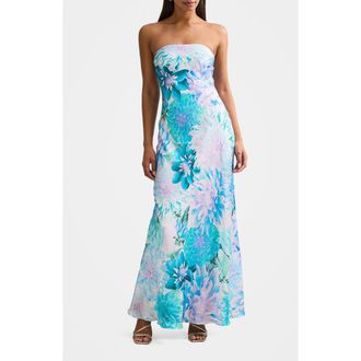 Ever New Kai Floral Strapless Satin Dress in Blue Carmen Floral at Nordstrom Rack, Size 12