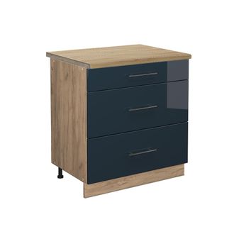 Vicco Mueble Bajo De Cocina Fame-line, Azul Oscuro Alto Brillo, 80 Cm Con 3 Cajones, Et Roble