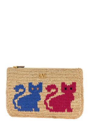 Valentino Garavani Womens Raffia Vlogo Signature Clutch Naturalemulticolornaturalcamel