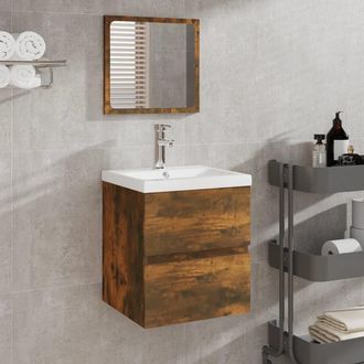 Berkfield Home Bathroom Sink Cabinet with Basin & Mirror Smoked Oak in Brown