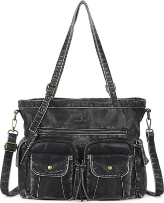 Angel Kiss Womens Handbag, Shoulder Bag, Multifunctional Shoulder Bag, Washed Hobo Bags Made of Soft Leather, black, M