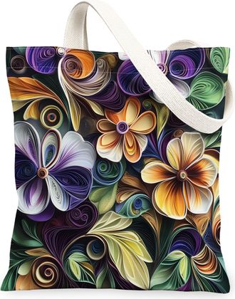 Generic Spring Quilting Paper Pansy Flower Canvas Tote Bag for Shopping 13x15, Floral Wildflower Reusable Grocery Print Bag for Women, Garden Beach Aesthetic 