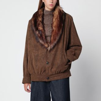 Maison Margiela Giacca marrone effetto suede con collo in pelliccia sintetica