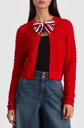 Alice & Olivia Dollie Pointelle Wool Blend Bow Accent Cardigan in Perfect Ruby at Nordstrom Rack, Size Medium