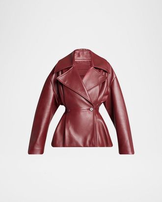 Balenciaga Pleated Leather Short Peplum Trench Coat