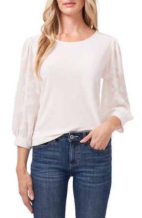 CeCe by Cynthia Steffe Lace Sleeve Stretch Crepe Blouse in Soft Ecru at Nordstrom, Size Medium