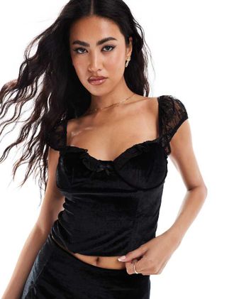 Love Triangle velvet corset top with lace detail in black - part of a set