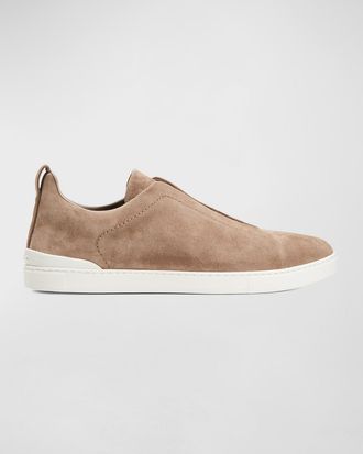 Ermenegildo Zegna Mens Triple Stitch Suede Low Top Slip-On Sneakers