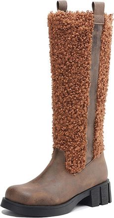 Generic Womens Pull on Knee High Boots Round Toe PU Leather Long Boots Chunky Heel Platform Winter Boot,Brown1,4.5 UK