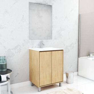 Aurlane Aurlane - Set Mobile Bagno 60 cm Rovere Chiaro 2 Ante, Lavabo, Specchio 60x80 e Applique Led - xenos