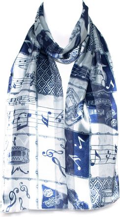 Hat To Socks Musical Instruments and Notes Chiffon Satin Scarf (White/Blue)