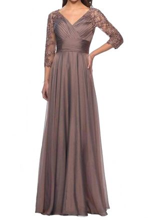 La Femme Sheer Lace Quarter Sleeves Empire Waist A-Line Gown In Cocoa
