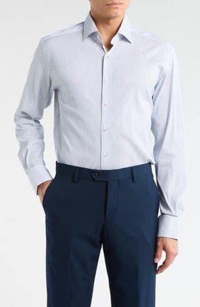 Eterna Modern Fit Pique Stripe Button Front Shirt in Blue at Nordstrom Rack, Size 16.5 - L