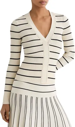 Reiss Lauralee Stripe Braid Trim Top in Ivory/Black at Nordstrom, Size X-Small