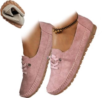 Generic Womens Comfortable Soft Hand-Stitched Genuine Leather Loafers, Vintage Leather Orthopedic Loafers, Wide Fit Breathable Slip-On Walking Shoes (Pink,8.5
