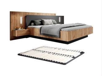 Vente-Unique Vente-unique - Letto Con Comodini 160 X 200 Cm 2 Cassetti Con Led Naturale E Antracite + Rete - Francoli