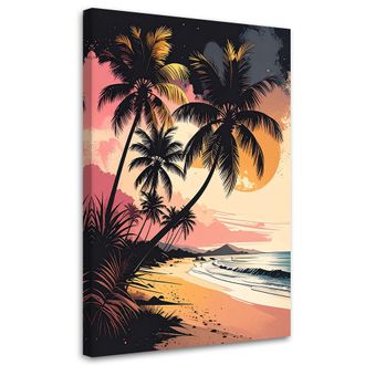 Feeby Cuadro En Lienzo, Playa Tropical Con Palmeras En Tonos Pastel, 70x100