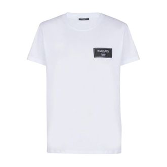 Balmain T-Shirts, male, White, Size: XL Logo Patch Crew Neck T-shirts
