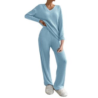 Generic HOOUDO Ribbed Lounge Wear Sets for Women UK 2 Pieces Co Ord Sets Tracksuit Full Set Outfits Ladies Pyjamas Set Nightwear Leisure Suits Loungewear Slee