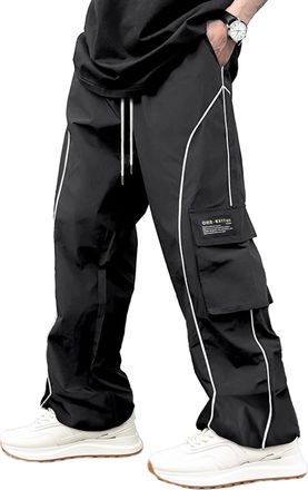 Feoya Mens Sweatpants Y2k Baggy Track Pants Drawstring Wide Leg Casual Trousers Hip Hop Streetwear Parachute Cargo Pants with Cargo Pockets Black M