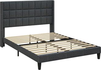 HOMCOM Homcom - Cama 135x190 cm estructura de cama somier con cabecera tapizada de lino sintético y espacio de almacenamiento debajo de la cama carga 300 kg
