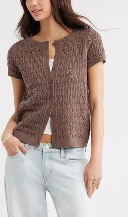 BP. Pointelle Short Sleeve Cardigan in Brown Quartz at Nordstrom, Size Xx-Small