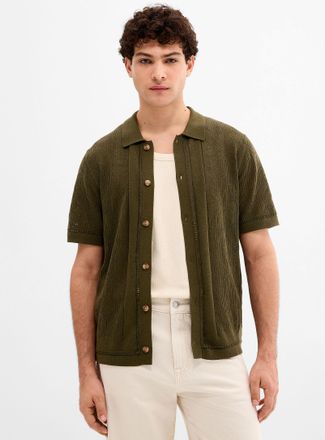 Le 31 Mens Patterned openwork knit Polo Shirt-collar cardigan