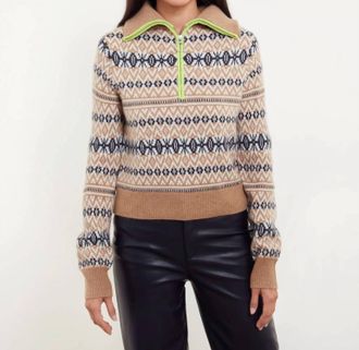 Isla Asher Fairisle Quarter Zip Sweater In Almond Multi