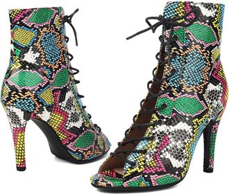 Generic Womens Lace-Up High Heel Ankle Boots, Peep Toe Dance Shoes with Side Zipper, 8-11cm Stiletto Heel (colorful leopard print, 1.5, Adult, Women, 10.5, Nu