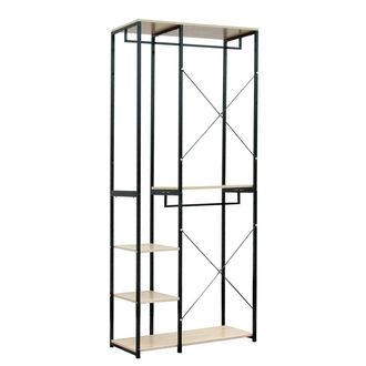 Woltu Attaccapanni Stand Appendiabiti Con Scaffali Legno Metallo 90x40x204.5cm Nero + Rovere Chiaro - Woltu