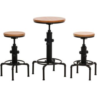 Hhg non utilizzato] Set tavolo + 2x sgabelli da bar 970, tavolo alto altezza regolabile girevole acciaio industriale legno, naturale