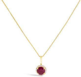 House of Brilliance 10K Gold Gemstone and 1/10 Cttw Diamond Accent Halo Pendant Necklace in Yellow | Red Ruby at Nordstrom