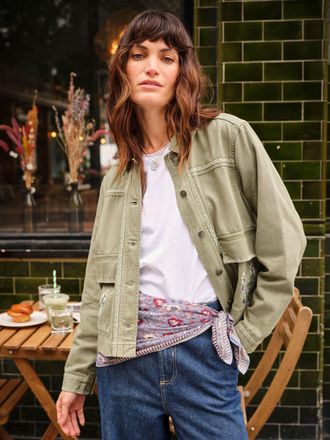 Fat Face FatFace Grace Khaki Green Regular Embroidered Jacket