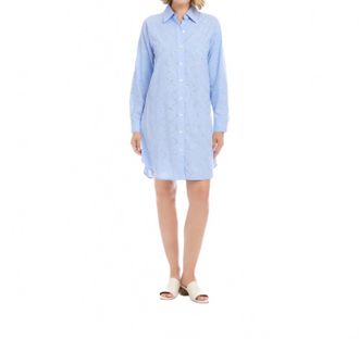 Karen Kane Stripe Roll-Tab Embellished Shirtdress In Blue With Off White