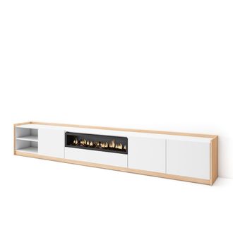 Skraut Home Skraut Home - Mueble Tv, Televisi&oacute;n, 310x37x50cm, Para Tv Hasta 80, Chimenea El&eacute;ctrica, Blanco Y Roble Soft