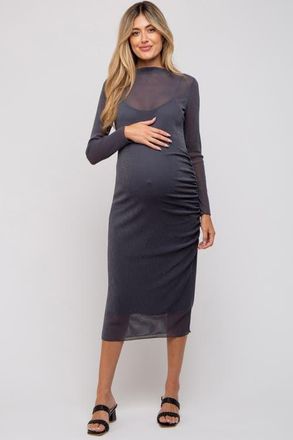 Pinkblush Shimmer Mesh Long Sleeve Ruched Midi Dress in Charcoal Grey at Nordstrom, Size Medium