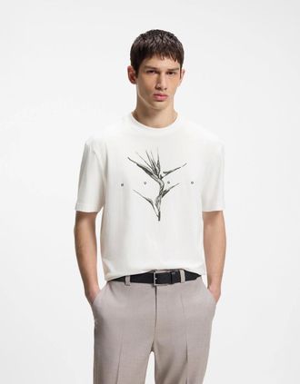 HUGO BOSS Mens HUGO Darise Mens Relaxed-Fit T-Shirt with Artwork and Logo - Natural 102 - White - Size: 42