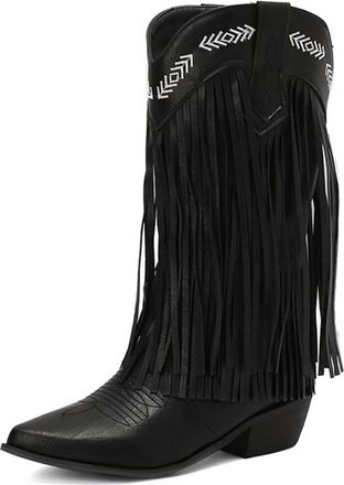 Generic Womens Western Cowboy Boots Knee-High Fringe Decor Geometric Embroidery Pointed Toe Low Chunky Heel Stylish Casual Party Country Music Festival Outfit