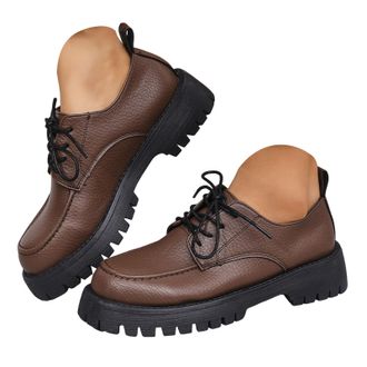 Generic Women Lace-up Platform Chunky Loafers Classic Lug Sole Oxford Shoes Business Work Loafers Womens British Leather Round Toe Comfortable Casual Slip On 