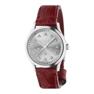 Gucci 32 mm stalen kast- zon geborstelde wijzerplaat met bijen- rode gekleurde alligator band - Dames - Horloges - Bruin - ONE Size - Accessoires
